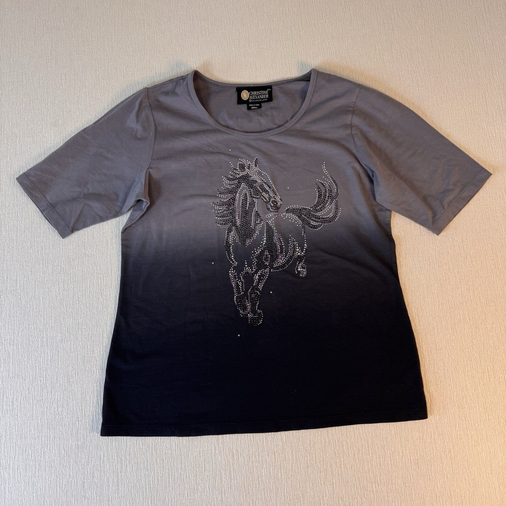 Christine Alexander Top Shirt Swarovski Embellished Horse Black Ombre Equestrian